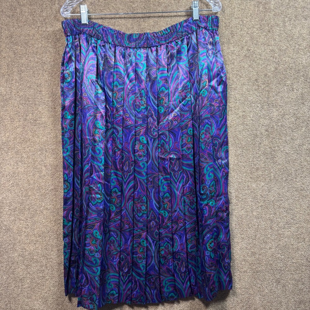 VTG Koret Multicolor Satin Boho Floral Paisley Full Pleated Skirt Sz 12 Pullon - Picture 6 of 10
